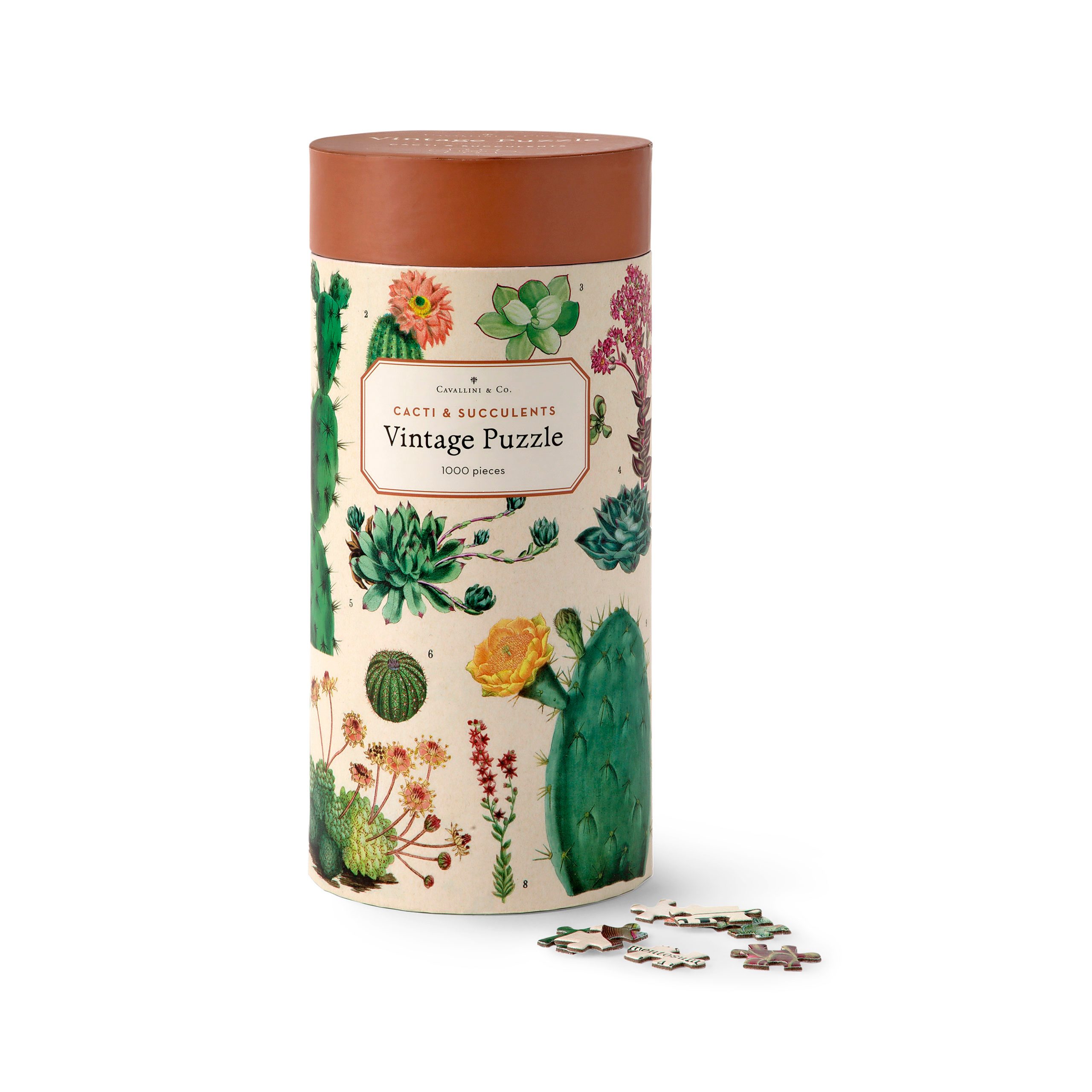 A decorative container and puzzle pieces.