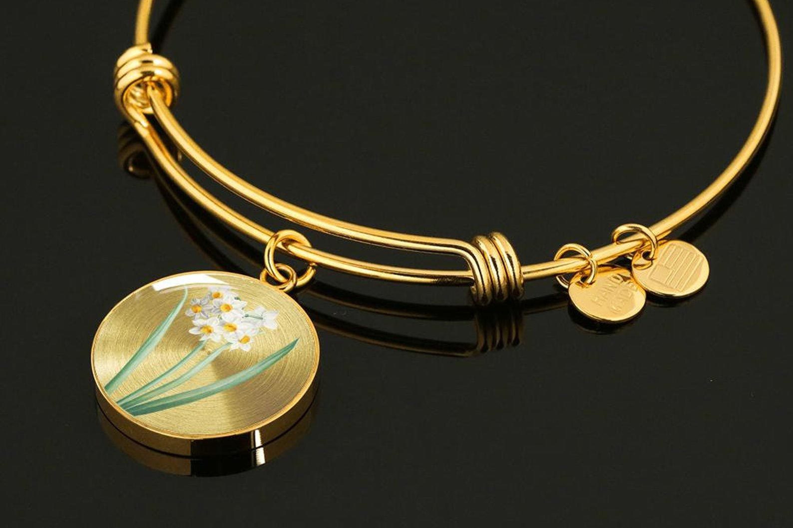 Narcissus Flower Illustration Pendant Bangle Bracelet - December Birth Month Flower - Personalized Engraving - Birthday Gift