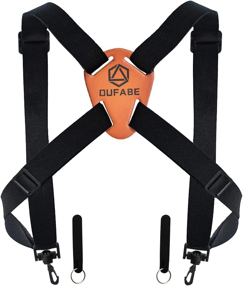 A binocular and camera harness that redirects the item's weight off the wearer's neck.