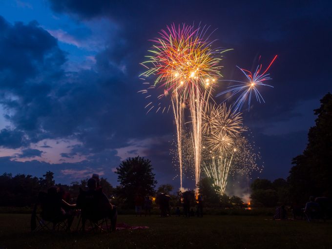 Firework Display Above Park, Fourth of July, People Watching